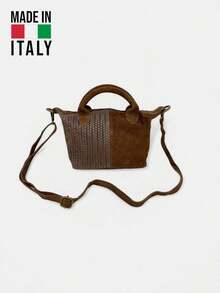 Small Italian-Made Tote Shoulder Bag, Can Be Handheld Or Worn Crossbody, Woven Patchwork Real Leather Tote Bag, Suitable For Shopping, Commuting, And Daily Use, An Excellent Gift Choice. - Brown - View 3