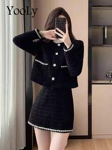 YooLy Autumn-Coloured Contrasting Elegant Front Breast-Trimmed Pan-Brimmed Pocket Tops And Skirts Set Of Two