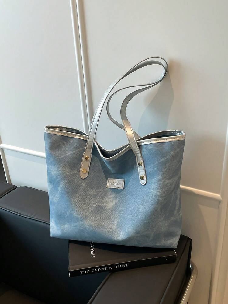 Retro Faux Denim PU Tote Bag, Large Capacity, Handbag, Shoulder Bag, Suitable For Women Shopping, Work Commute, Student Back To School And Daily Use - Baby Blue - View 1