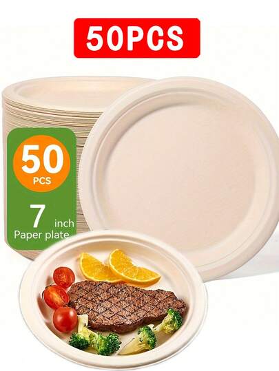 50pcs Thick Disposable Round Salad Plates, Heavy Duty 7-Inch Natural Pulp Plates, Waterproof And Grease-Proof, Suitable For Parties, Catering, Weddings And Kitchen Use, Disposable Tableware