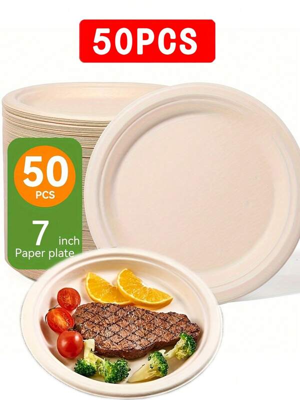 50 szt. Grube jednorazowe okrągłe talerze sałatkowe, wytrzymałe 7-calowe talerze z naturalnej pulpy, wodoodporne i odporne na tłuszcz, odpowiednie na imprezy, catering, wesela i do użytku w kuchni, jednorazowe naczynia stołowe