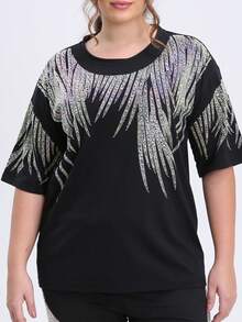 Two Piece Outfits For Women Black Short Sleeve T Shirts Oversized Rhinestones Graphic Drawstring Joggers Pants Casual Summer Sets Going Out - 黑色 - 查看 3