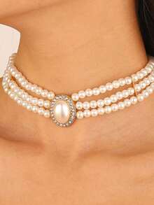 1 pieza Collar corto de gargantilla elegante de estilo francés con múltiples capas de cuentas de turquesa para mujer, fiesta, vacaciones, versátil