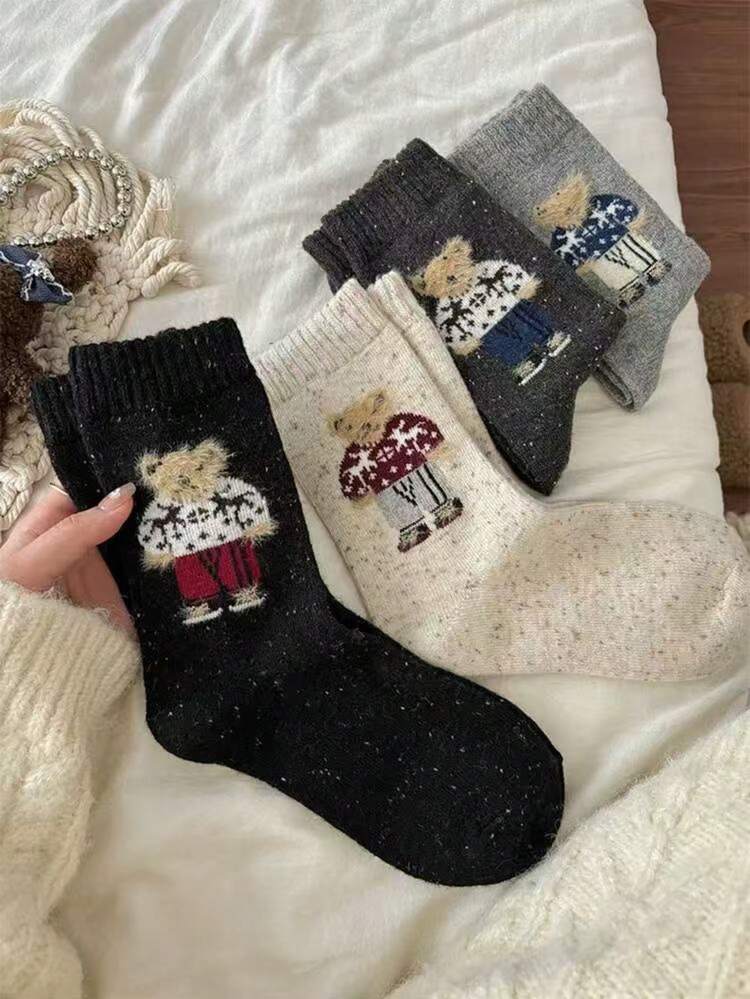 5 双女式可爱卡通熊中筒袜 - 泰迪熊和蘑菇羊毛衬里厚袜子，休闲和正式，秋冬保暖，秋季袜子 - 彩色 - 查看 3