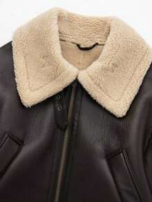 Camellia Winter New Short Warm Double-Sided Motorcycle Jacket, Women's Brown Faux Leather Shearling Collar Coat - Coffee Brown - View 10