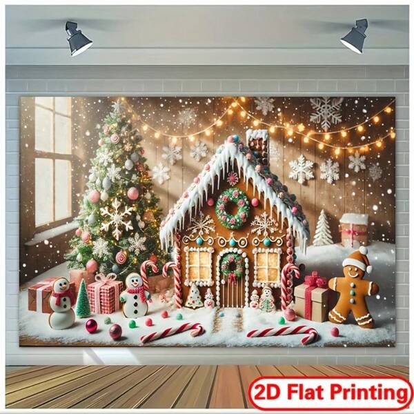 1pc,2D Flat Christmas Gingerbread House Background Cloth, Multifunctional Party Banner, Holiday Photography Backdrop For Birthday, Cake Table, Holiday Decoration Without Power Supply, Suitable For Christmas And Thanksgiving