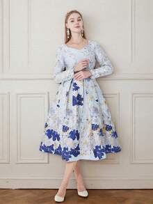 Luxurious Jacquard Elegant Long Sleeve Party Dress, Autumn/Winter