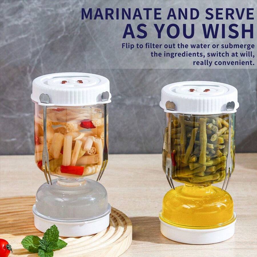 GCTECHING 1pc Pickle Container With Filter, Wet & Dry Separation, Suitable For Pickling Cucumbers, Olives And Other Foods, Comes With Fork, Leak-Proof Seal, Can Be Inverted For Use, Reusable, Suitable For Storing Cucumbers, Olives And More.