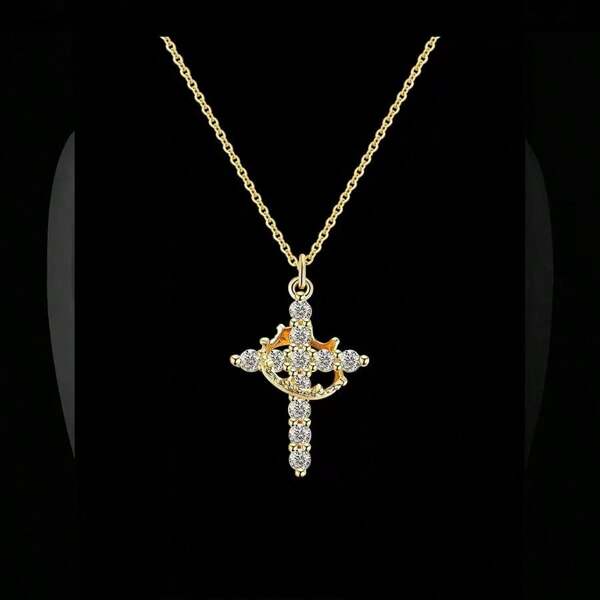 1pc Crown Cross Necklace For Women, Full Diamond Design, Stainless Steel Chain, Gold-Plated Crown Cross Pendant Necklace, Minimalist Diamond Gold Necklace, Faith Cross Jewelry, First Communion Necklace