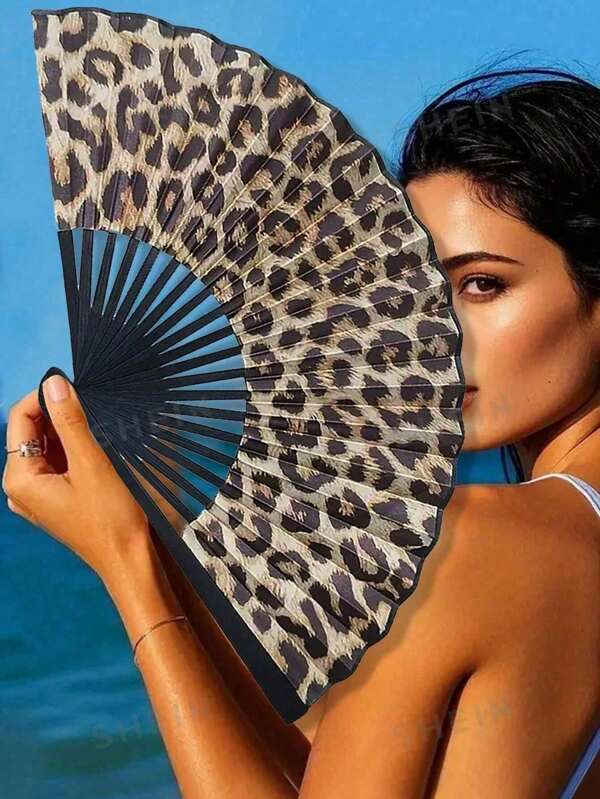 Handheld Fan -Elegant Leopard Print Bamboo Bone Folding Fan With Black Frame, Fashionable Princess Theme, Lightweight And Portable Handheld Fan For Women, Suitable For Summer Travel, Beach And Daily Use,Halloween Decorations