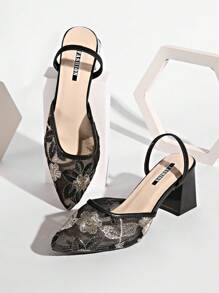 2025秋冬新款中国风白色高跟穆勒鞋，尖头蕾丝刺绣套脚凉鞋，优雅女鞋，派对装扮 - 黑色 - 查看 2