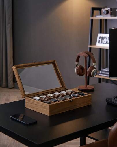 SONGMICS Caja para Relojes con 12 Compartimentos, Caja para Relojes de Madera Maciza, con Tapa de Cristal, Cojín para Relojes, Regalo para Queridos, Nogal Rústico, Regalo de Navidad