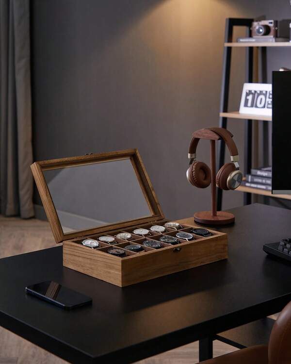 SONGMICS Caja para Relojes con 12 Compartimentos, Caja para Relojes de Madera Maciza, con Tapa de Cristal, Cojín para Relojes, Regalo para Queridos, Nogal Rústico, Regalo de Navidad