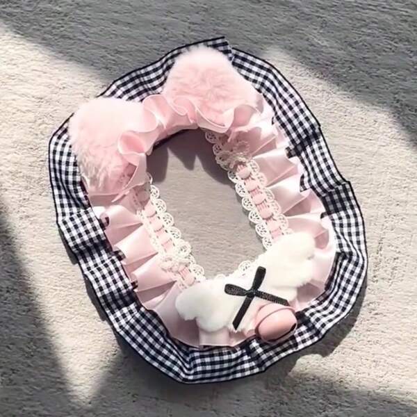 1pc New Arrival Cute & Artistic Plaid Lace Photo Card Holder, DIY Finished Pink Fluffy Cat Ear Photo Display Album Decor, Bells Bow Angel Wings Star Card Holder, Kawaii Stuffed Decoration