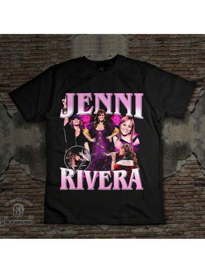 Camiseta gráfica vintage de Jenni Rivera - Negra con estampado rosa y blanco, cuello redondo casual, manga corta, ajuste regular para adultos, ropa de todas las estaciones, camiseta casual| Camiseta de Estampado Vibrante| Ajuste cómodo