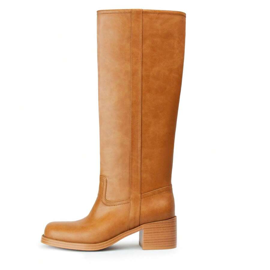 GOTHICTOR Women's Brown Knee High Boots Square Toe Chunky Block Heel Long Boots For Women Comfortable Pull On Riding Boots - 棕色 - 查看 1