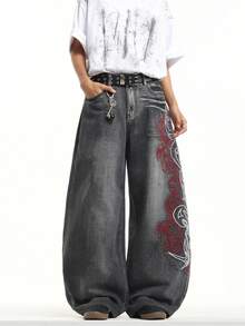 1 chiếc quần jeans Infinite Jeans kiểu Hồng Kông, thêu hoa 3D, thời trang, đa năng, dáng rộng, ống rộng, đã qua xử lý giặt, dành cho nam (Sản phẩm không bao gồm thắt lưng và phụ kiện) - màu đen - Xem 7