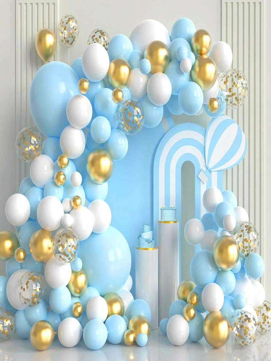 102pcs Blue, Gold & White Balloon Arch & Garland Kit, Chrome Gold Balloons With Macaron Blue & White Latex Balloons For Round Balloon Set, Suitable For Birthday, Wedding, Anniversary, Baby Shower, Gender Reveal - No Power Needed, Fits All Seasons And Father's/Mother's Day Party Decor