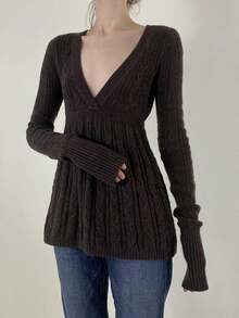 Women's Fall Sweater Long Sleeve V Neck Cable Knit Ruffle Babydoll Sweater Tops - Brown - View 2