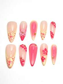 10 unghii tip stiletto, lucrate manual, cu bază în gradient de roz nud și roz. Sunt pictate cu buline roșii și modele de stele, decorate cu flori mici tridimensionale și asortate cu nituri minuscule aurii. Proaspete, dar jucăușe, sunt potrivite pentru zi cu zi și atrăgătoare. Fiecare set conține 10 unghii, cu trei dimensiuni disponibile pentru selecție și un set de unelte inclus. Este o alegere ideală pentru femei și fete!