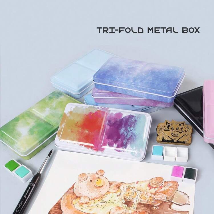 便携式经典水彩折叠金属水彩颜料盒，带 24 个磁性半盘 - 無 - 查看 3
