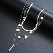 17KM 3 件简约圆形圆盘流苏一体式吊坠多层项链，适合度假、派对、约会、日常佩戴 - 銀色 - 查看 2