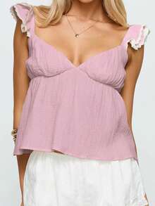 Tank Tops For Women Summer Fashionable Solid Color Backless Flying Sleeve Deep V Neck Loose Shirt - 桃色 - 查看 2