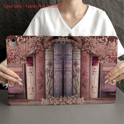 1pc Vintage Pink Bookshelf Pattern Literary Romantic Protective Case With Pen Holder, Compatible With IPad 10.9/10.2/IPad Air 5th Gen/IPad Pro 11/10th Gen/9.7/IPad Air 2/IPad (7th Gen)/IPad (8th Gen)/IPad Air 4/5/IPad Pro 11/IPad 10th Gen 10.9 Inch (2022)/IPad Air 13 (M3 2025)