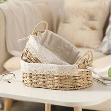 1pc Woven Rattan Desktop Storage Basket, Household Tea Table Paper Rope Organizer Box For Cosmetics, Remote Controls, Miscellaneous Items - Apricot - View 2