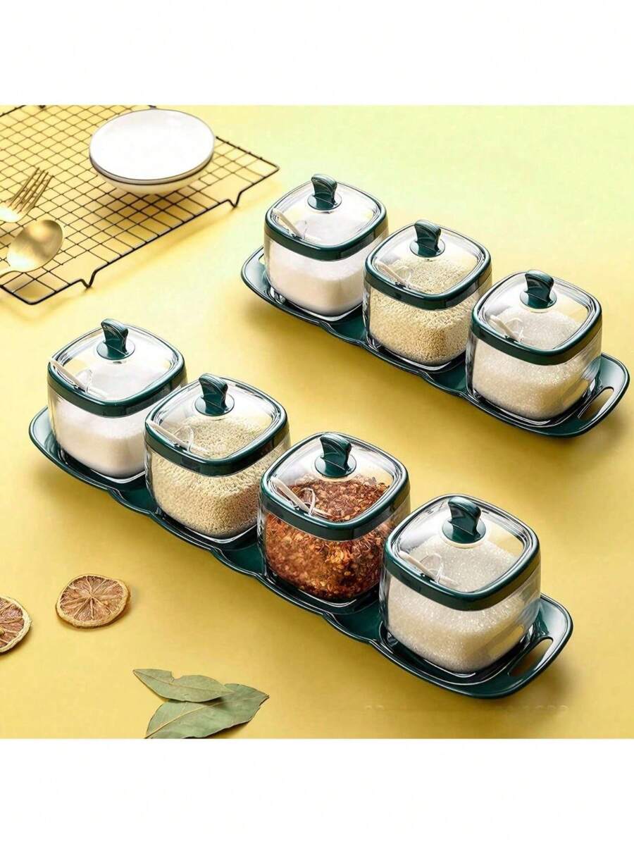 Condiment Jar With Lid And Spoon Spice Container, Clear, Green, White, Condiment Jar Seasoning Jar Salt Container Sugar Jar, Kitchen, Counter, Food Storage, 1 Tray +4 Jars, 1 Tray +3 Jars, Thanksgiving Day Gift, Harvest Festival, Family Dinner