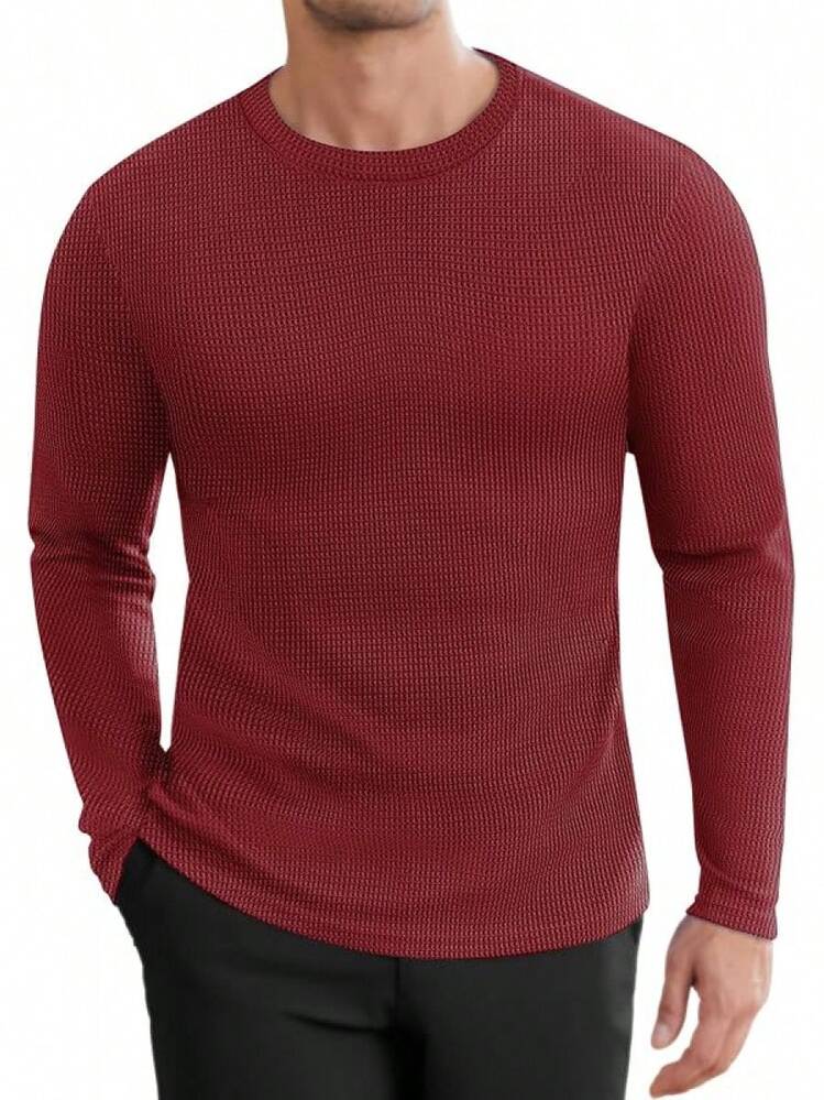 Men's Long Sleeve Shirts Honeycomb Waffle Pullover Sweater Crewneck Thermal Tops Lightweight Undershirts - 酒紅色 - 查看 1