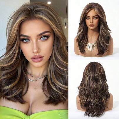 20英寸长波浪棕色渐变合成假发，中分金色卷发，适合女性日常、派对、角色扮演、度假、家庭聚会、母亲节、万圣节、圣诞节等场合佩戴，也可作为礼物送给女朋友。