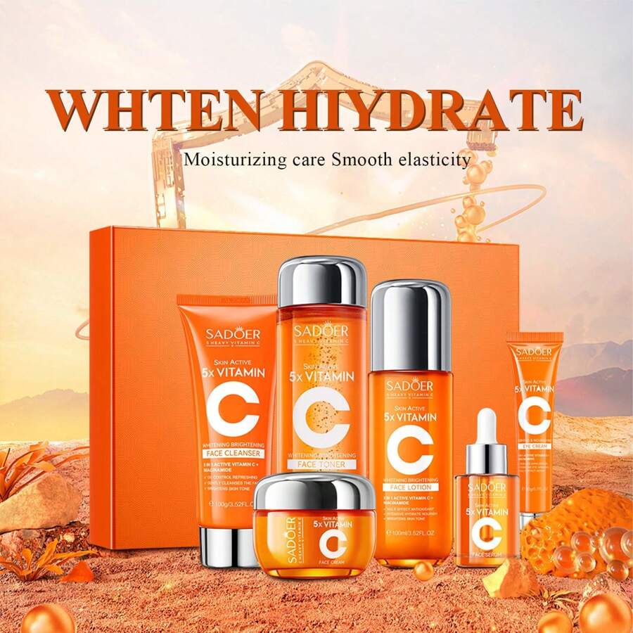 6-Piece Hydrating Skincare Set With Vitamin C & Niacinamide,Tk Face Care Kit Includes Toner, Serum,Cleanser,Moisturizer, Eye Cream & Body Lotion | Unique Gift For Women - Orange - View 1