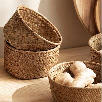 1pc/2pcs/3pcs Woven Storage Basket, Kitchen Ginger & Garlic Organizer Basket, Round Entryway Tableware Storage Basket, Desktop Organizer Basket, Small Miscellaneous Basket, Snack Storage Basket, Household Picnic Basket