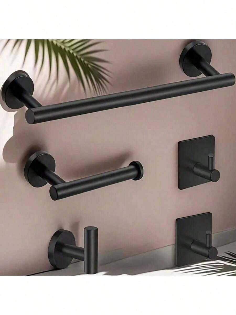 一套5件哑光浴室五金套装，304不锈钢圆形壁挂式 - 包括16英寸毛巾杆、卫生纸架、3个浴袍毛巾挂钩、浴室配件套装、卫生纸架、浴室配件套装、浴室配件、浴室套装 - 彩色 - 查看 1