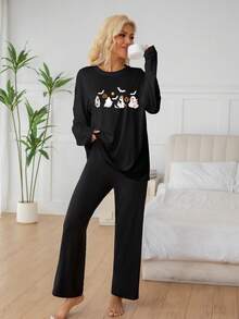 Herbst und Winter 2-teiliger Lässig anzug, Damenkostüm für Halloween, Langarm-T-Shirt, weite Damenhose Set Pyjama geeignet für magische Nächte Zuhause, sexy und modischer Pyjama-Set, Halloween Vampir, Kürbis, Katzen Muster Lässig anzug, Herbstkleidung, gemütliche Outfits