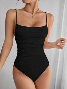 Women's Summer Bodysuit, Thin Straps With Ruched Side Details - màu đen - Xem 1