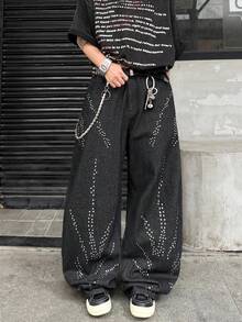 Infinite Jeans 1pc American Vintage Personalized Rhinestone Distressed Ripped Wide Leg Jeans Loose Fit Long Pants For Men (Product Does Not Include Belt And Accessories) - Black - View 7