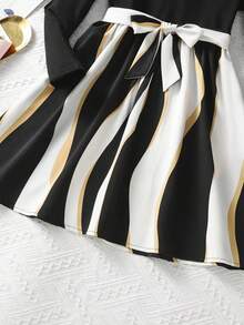 Girls' Patchwork Geometric Print Fitted Tie-Waist Long Sleeve Casual Elegant Dress, Suitable For Daily Wear, Parties And Casual Outings