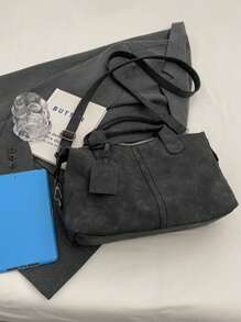 新款复古PU皮女士手提包，时尚拉链单肩包，配可拆卸肩带，女士工作旅行二合一包，灰色、黑色、绿色 - 黑色 - 查看 8