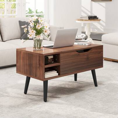 Mesa de centro Balconera con tablero elevable y resorte (80 x 40 x 61,5 cm): estante ajustable, compartimento oculto y espacio de almacenamiento para el salón.