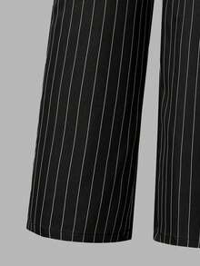 2pcs/Set Fashionable Girls' Spring/Autumn Outfit, Including Collared V-Neck Colorblock Long Sleeve Top And Striped Elastic Waist Straight Leg Pants, Elegant Suit Style, Comfortable And Versatile For Outdoor, Party, Afternoon Tea, Birthday Gift