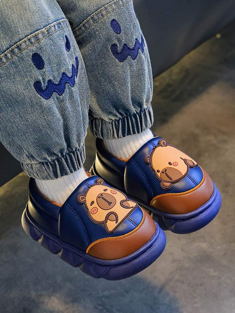 1 双 Capa Bala 儿童冬季包趾拖鞋，男童女童保暖防滑卡通毛绒内衬家居鞋 - 寶藍色 - 查看 4