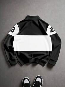 Men's Fashion Letter & Racing Graphic Print Colorblock Half-Zip High Neck Sweatshirt, Suitable For Autumn/Winter, Long Sleeve Top - Black - View 5