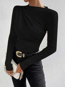 Maglia a maniche lunghe in maglia nera da donna, con dettagli plissettati, collo alto, vestibilità regular, tessuto in maglia da 120g