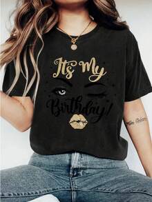 Casual Women's Graphic Print Short Sleeve Crew Neck Letter T-Shirt, Relaxed Fit Top - màu đen - Xem 1