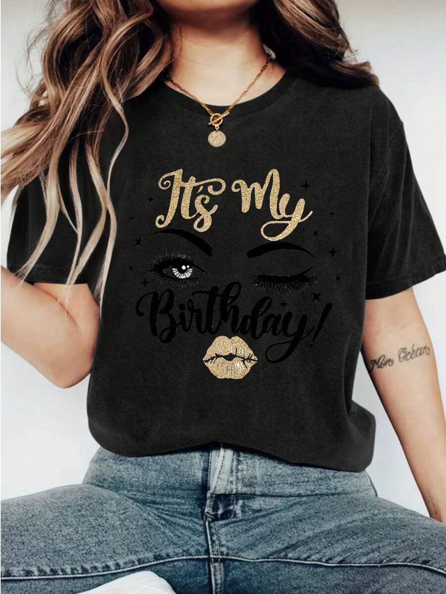 Casual Women's Graphic Print Short Sleeve Crew Neck Letter T-Shirt, Relaxed Fit Top - màu đen - Xem 1