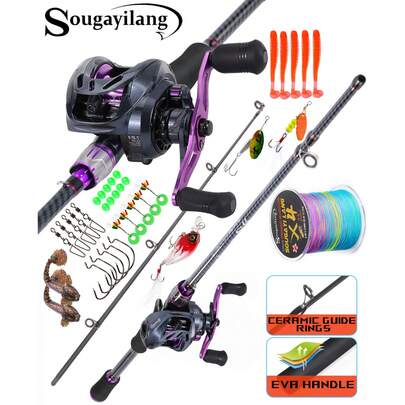 SOUGAYILANG Baitcasting Complete Fishing Combo: Carbon Fiber 2-Section Rod & Reel 8+1 Bearings | 8kg (17.8lbs) Drag | Full Kit Includes Line, Lures, Baits & Accessories | Color/Style May Vary