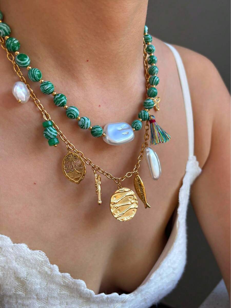 Monlansher 新款女士串珠多吊坠项链，镶嵌绿石珠、珍珠、椰子树、鱼和圆盘饰物，不锈钢吊坠项链，时尚奢华女士项链 - 金色 - 查看 1