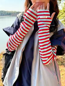 1双条纹臂套夏季冰丝防晒臂套长款宽松女骑行袖防紫外线条纹设计 - 布標條紋 - 查看 6